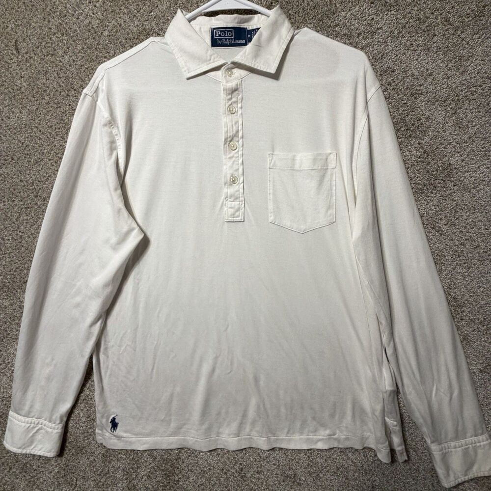 Polo Ralph Lauren White Long Sleeve Jersey Knit Polo Henley Shirt Men M Pocket